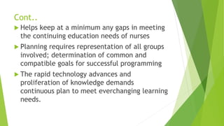 Cont..
 Helps keep at a minimum any gaps in meeting
the continuing education needs of nurses
 Planning requires representation of all groups
involved; determination of common and
compatible goals for successful programming
 The rapid technology advances and
proliferation of knowledge demands
continuous plan to meet everchanging learning
needs.
 