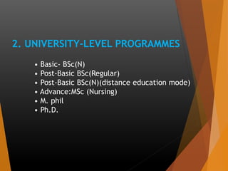 2. UNIVERSITY-LEVEL PROGRAMMES
• Basic- BSc(N)
• Post-Basic BSc(Regular)
• Post-Basic BSc(N)(distance education mode)
• Advance:MSc (Nursing)
• M. phil
• Ph.D.
 