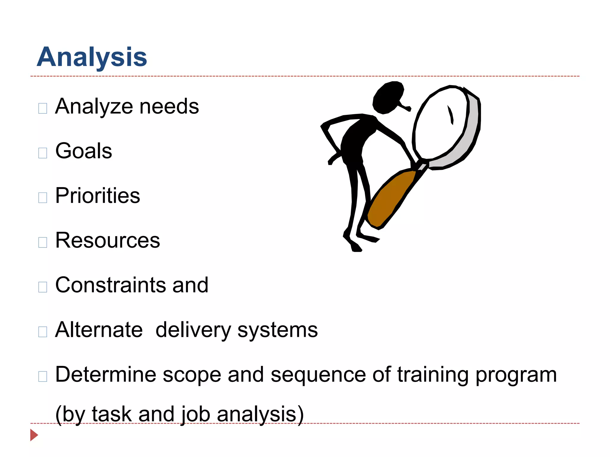 Analysis
Analyze needs
Goals
Priorities
Resources
Constraints and
Alternate delivery systems
Determine scope and sequence of training program
(by task and job analysis)
 