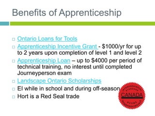 Benefits of Apprenticeship
 Ontario Loans for Tools
 Apprenticeship Incentive Grant - $1000/yr for up
to 2 years upon completion of level 1 and level 2
 Apprenticeship Loan – up to $4000 per period of
technical training, no interest until completed
Journeyperson exam
 Landscape Ontario Scholarships
 EI while in school and during off-season
 Hort is a Red Seal trade
 