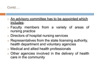 Contd….
 An advisory committee has to be appointed which
includes:
 Faculty members from a variety of areas of
nursing practice
 Directors of hospital nursing services
 Representatives from the state licensing authority,
health department and voluntary agencies
 Medical and allied health professionals
 Other agencies involved in the delivery of health
care in the community
 