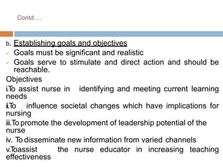 Contd….
b. Establishing goals and objectives
 Goals must be significant and realistic
 Goals serve to stimulate and direct action and should be
reachable.
Objectives
i.To assist nurse in identifying and meeting current learning
needs
ii.To influence societal changes which have implications for
nursing
iii.To promote the development of leadership potential of the
nurse
iv. To disseminate new information from varied channels
v.Toassist the nurse educator in increasing teaching
effectiveness
 