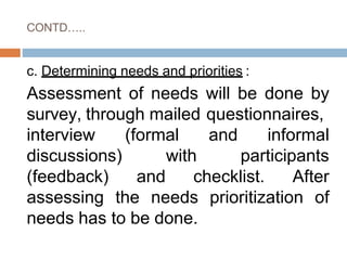 CONTD…..
c. Determining needs and priorities :
Assessment of needs will be done by
survey, through mailed questionnaires,
(formal and
with
informal
participants
interview
discussions)
(feedback) and checklist. After
assessing the needs prioritization of
needs has to be done.
 