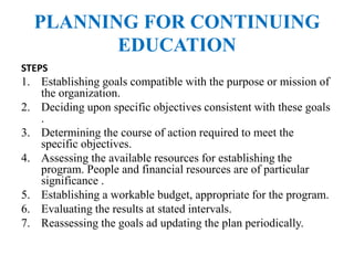 PLANNING FOR CONTINUING
EDUCATION
STEPS
1. Establishing goals compatible with the purpose or mission of
the organization.
2. Deciding upon specific objectives consistent with these goals
.
3. Determining the course of action required to meet the
specific objectives.
4. Assessing the available resources for establishing the
program. People and financial resources are of particular
significance .
5. Establishing a workable budget, appropriate for the program.
6. Evaluating the results at stated intervals.
7. Reassessing the goals ad updating the plan periodically.
 