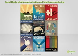 Social Media is both communication and Intelligence gathering




John Zeppos /Continuing Operations in a Modern & Efficient Manner / 29.08.2012 @ Davos   8
 