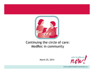 www.saferhealthcarenow.ca
Continuing the circle of care:
MedRec in community
March 25, 2014
 