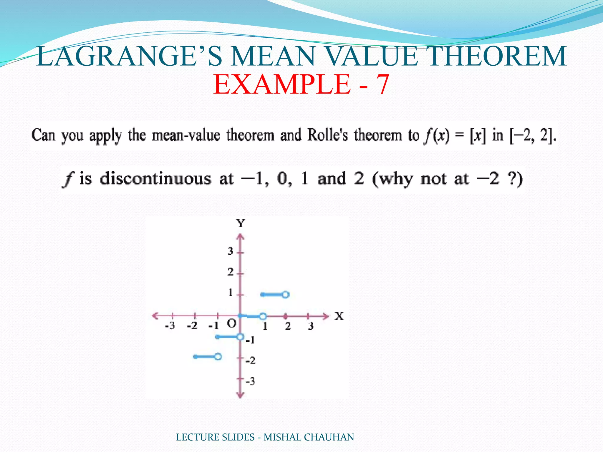 LECTURE SLIDES - MISHAL CHAUHAN
LAGRANGE’S MEAN VALUE THEOREM
EXAMPLE - 7
 