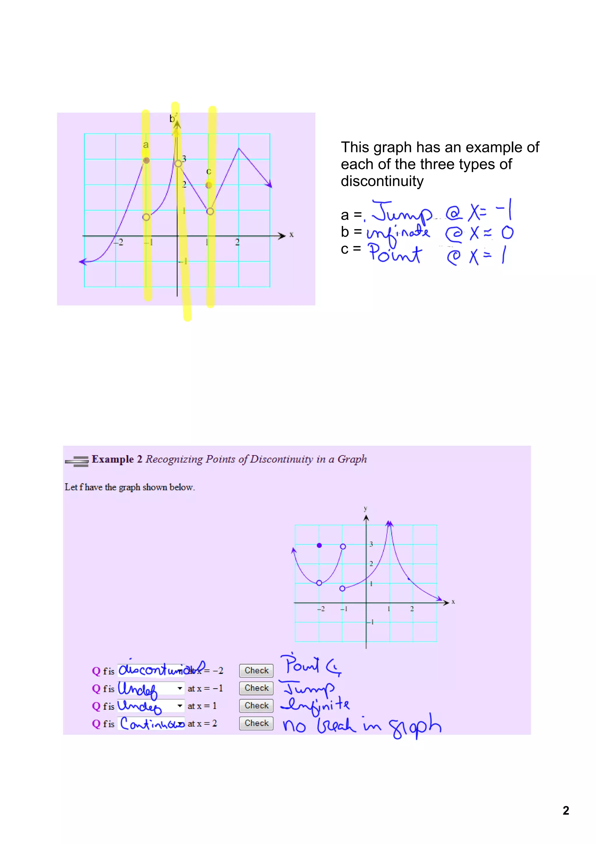 b
a
c

This graph has an example of 
each of the three types of 
discontinuity

a = jump discontinuity
b = infinite discontinuity
c = point discontinuity

Give it a try:  Scroll to Ex 2 from the below link

2

 