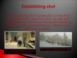 An Establishing Shot is basically a Long Shot
(LS) or Extreme Long Shot (ELS), usually with
loose framing, that shows the spatial relations
between the important figures, objects and
setting in a scene.

This is an Establishing Shot which was
taken with my AS Media Group.

From Spartacus (Stanley Kubrick, 1960)

 