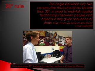 The angle between any two
consecutive shots should not be less
than 30º, in order to maintain spatial
relationships between people and
objects in any given sequence of
shots. http://www.youtube.com/watch?
v=nonxxwfedIY

Still taken from 30º Angle clip created with my AS Media Group

 