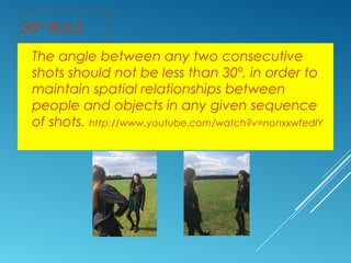 30º RULE 
The angle between any two consecutive 
shots should not be less than 30º, in order to 
maintain spatial relationships between 
). 
people and objects in any given sequence 
of shots. http://www.youtube.com/watch?v=nonxxwfedIY 
 
