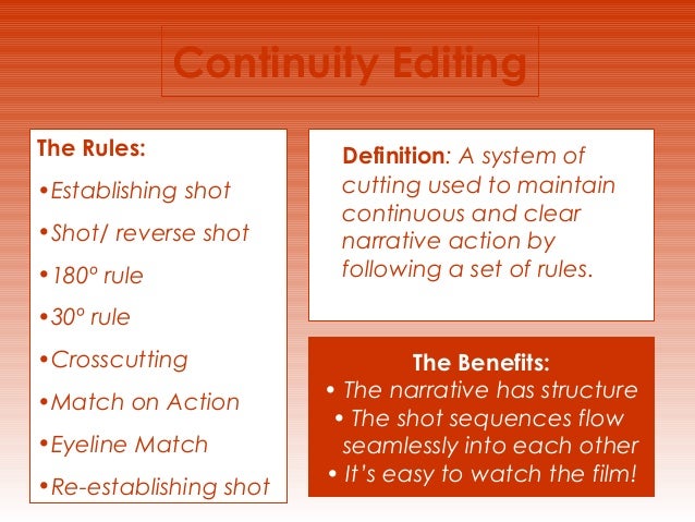 continuity editing definition a system of cutting used to maintain continuous and clear narrative action