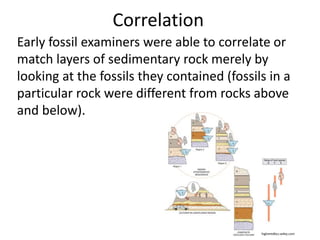 Correlation
Early fossil examiners were able to correlate or
match layers of sedimentary rock merely by
looking at the fossils they contained (fossils in a
particular rock were different from rocks above
and below).
higheredbcs.wiley.com
 