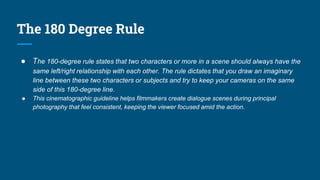 The 180 Degree Rule
● The 180-degree rule states that two characters or more in a scene should always have the
same left/right relationship with each other. The rule dictates that you draw an imaginary
line between these two characters or subjects and try to keep your cameras on the same
side of this 180-degree line.
● This cinematographic guideline helps filmmakers create dialogue scenes during principal
photography that feel consistent, keeping the viewer focused amid the action.
 