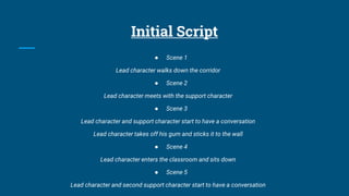 Initial Script
● Scene 1
Lead character walks down the corridor
● Scene 2
Lead character meets with the support character
● Scene 3
Lead character and support character start to have a conversation
Lead character takes off his gum and sticks it to the wall
● Scene 4
Lead character enters the classroom and sits down
● Scene 5
Lead character and second support character start to have a conversation
 