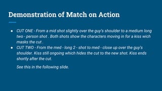 Demonstration of Match on Action
● CUT ONE - From a mid shot slightly over the guy’s shoulder to a medium long
two - person shot . Both shots show the characters moving in for a kiss wich
masks the cut .
● CUT TWO - From the med - long 2 - shot to med - close up over the guy’s
shoulder. Kiss still ongoing which hides the cut to the new shot. Kiss ends
shortly after the cut.
See this in the following slide.
 