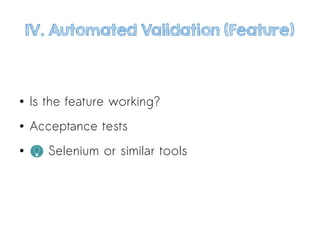 1V. Automated Validation (Feature)
● Is the feature working?
● Acceptance tests
● Selenium or similar tools
 