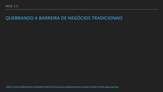 WEB 2.0
QUEBRANDO A BARREIRA DE NEGÓCIOS TRADICIONAIS
http://www.slideshare.net/beamrider9/continuous-deployment-at-etsy-a-tale-of-two-approaches
 