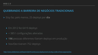 WEB 2.0
QUEBRANDO A BARREIRA DE NEGÓCIOS TRADICIONAIS
▸ Etsy faz, pelo menos, 25 deploys por dia
▸ Em 2012 fez 6419 deploys
▸ + 3851 conﬁgurações alteradas
▸ 196 pessoas diferentes ﬁzeram deploys em produção
▸ Nov/Dez tiveram 752 deploys
http://www.slideshare.net/beamrider9/continuous-deployment-at-etsy-a-tale-of-two-approaches
 