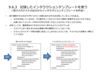 9.6.3 記録したインタラクションテンプレートを使う
~受け入れテストの出力からインタラクションテンプレートを作成~
• 後で置換するためのタグをつけている値もあればそのまま残しているところもある。
– そのまま残しているのは、その値があってもテストを行う意味に影響を与えないからである。
– 必要に応じてメッセージ内のタグ付けを多くすることも少なくすることもできる。
• 全体としては、置換項目はできるだけ少なく抑えるように心がけている。
– テストでうまく使えるための必要最小限の置換だけにしておくべき。
– テストとテストデータ間が過度に結合してしまわないようにでき、テストをより柔軟かつ壊れに
くくできる。
<Order number=‘x567342'>
<Customer id='7736443 ' />
<OrderItems>
<Orderltem productCode=MF77823 '>
<Quantity>4</Quantity>
<Color>Dark Blue</Color>
<Pricc>23.5</Pricc>
</Orderltem>
<Orderltem productCode=MF77824 '>
<Quantity>4</Quantity>
<Price>5.34</Price>
</Orderltem>
</OrderItems>
</Order>
<Order number=‘{{!ORDER_NUMBER}}'>
<Customer id='{{!CUSTOMER_ID}}' />
<OrderItems>
<Orderltem productCode=MF77823 '>
<Quantity>4</Quantity>
<Color>Dark Blue</Color>
<Pricc>23.5</Pricc>
</Orderltem>
<Orderltem productCode=MF77824 '>
<Quantity>4</Quantity>
<Price>5.34</Price>
</Orderltem>
</OrderItems>
</Order>
記録 タグ
受け入れテストの出力 インタラクションテンプレート
 