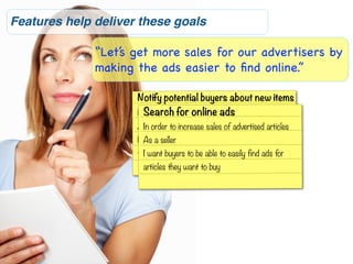 Features help deliver these goals

              “Let’s get more sales for our advertisers by
              making the ads easier to ﬁnd online.”

                     Notify potential buyers about new items
                     In Search for online of advertised articles
                        order to increase sales ads
                     As aorder to increase sales of advertised articles
                      In seller
                     I want previous buyers to know about new items
                       As a seller
                     that theybuyers be interested in buying ads for
                       I want might to be able to easily find
                      articles they want to buy
 