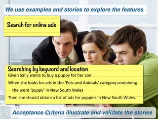 We use examples and stories to explore the features

Search for online ads




 Searching by keyword and location
 Given	
  Sally	
  wants	
  to	
  buy	
  a	
  puppy	
  for	
  her	
  son	
  
 When	
  she	
  looks	
  for	
  ads	
  in	
  the	
  ‘Pets	
  and	
  Animals’	
  category	
  containing	
  
 	
  	
  	
  	
  the	
  word	
  ‘puppy’	
  in	
  New	
  South	
  Wales
 Then	
  she	
  should	
  obtain	
  a	
  list	
  of	
  ads	
  for	
  puppies	
  in	
  New	
  South	
  Wales.


    Acceptance Criteria illustrate and validate the stories
 
