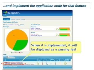 ...and implement the application code for that feature




                  When it is implemented, it will
                  be displayed as a passing test
 