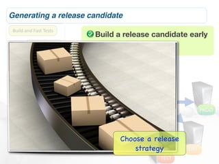 Generating a release candidate
 Build	
  and	
  Fast	
  Tests
                                                       Build a release candidate early
             Slower	
  Tests                           Reuse, don’t rebuild
                    Acceptance	
  Tests

                          Code	
  Quality	
  Metrics

                                  Release	
  Candidate

                                           Deploy	
  to	
  Test                    1.0.1
                                                                                                   PROD
                                                  Deploy	
  to	
  UAT

                                                       Deploy	
  to	
  ProducLon
                                                                        Choose a release
                                                                            strategy         UAT
                                                                                      TEST
 