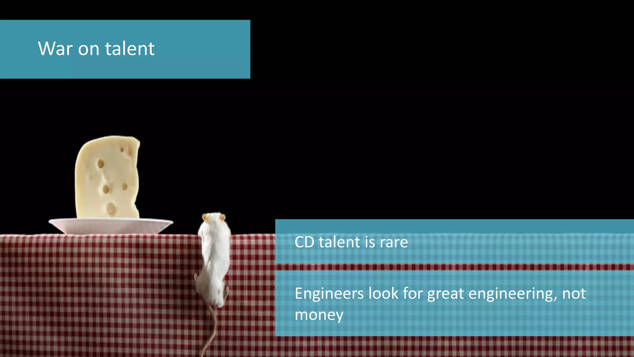 82 
© 2014 CA. ALL RIGHTS RESERVED. 
CD talent is rare 
War on talent 
Engineers look for great engineering, not money  