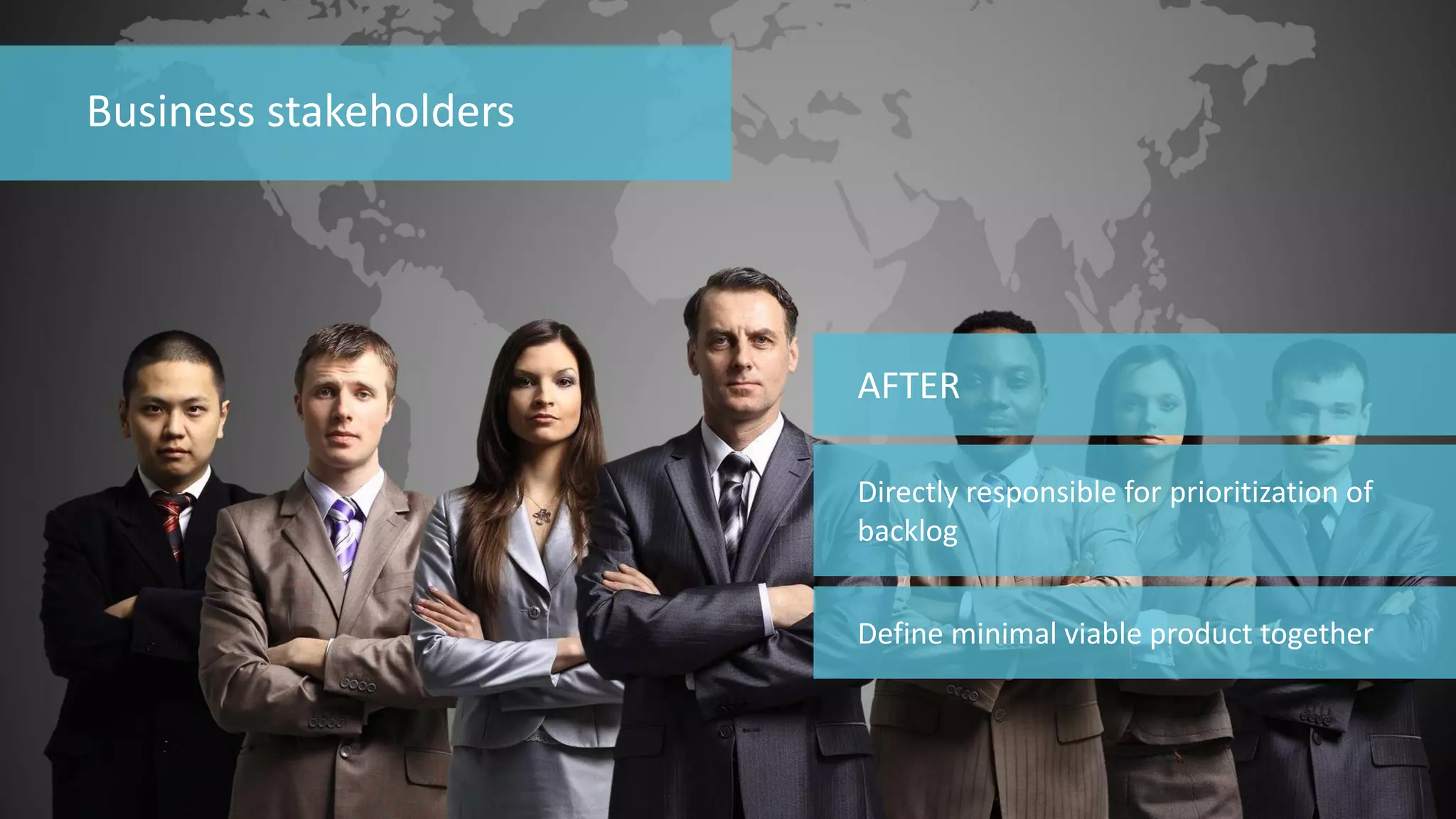 85 
© 2014 CA. ALL RIGHTS RESERVED. 
Business stakeholders 
AFTER 
Directly responsible for prioritization of backlog 
Define minimal viable product together  