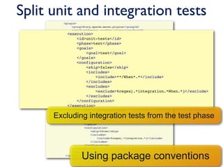Split unit and integration tests
                      <plugin>
                           <groupId>org.apache.maven.plugins</groupId>
                           <artifactId>maven-surefire-plugin</artifactId>
                    <execution>
                           <version>2.11</version>
                           <configuration>
                        <id>unit-tests</id>
                               <skip>true</skip>
                        <phase>test</phase>
                           </configuration>
                        <goals>
                           <executions>
                               <execution>
                            <goal>test</goal>
                                   <id>unit-tests</id>
                        </goals>
                                   <phase>test</phase>
                                   <goals>
                        <configuration>
                                       <goal>test</goal>
                            <skip>false</skip>
                                   </goals>
                            <includes>
                                   <configuration>
                                       <skip>false</skip>
                                <include>**/When*.*</include>
                                       <includes>
                            </includes>
                                           <include>**/When*.*</include>
                            <excludes>
                                       </includes>
                                       <excludes>
                                <exclude>%regex[.*integration.*When.*]</exclude>
                                           <exclude>%regex[.*integration.*When.*]</exclude>
                            </excludes>
                                       </excludes>
                                   </configuration>
                        </configuration>
                               </execution>
                    </execution>
                               <execution>
                                   <id>integration-tests</id>

                Excluding integration tests from the test phase
                                   <phase>integration-test</phase>
                                   <goals>
                                       <goal>test</goal>
                                   </goals>
                                   <configuration>
                                       <skip>false</skip>
                                       <includes>
                                           <include>%regex[.*integration.*]</include>
                                       </includes>
                                   </configuration>
                               </execution>


                             Using package conventions
                           </executions>
                       </plugin>
 