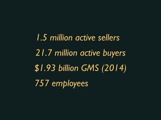 1.5 million active sellers
21.7 million active buyers
$1.93 billion GMS (2014)
757 employees
 