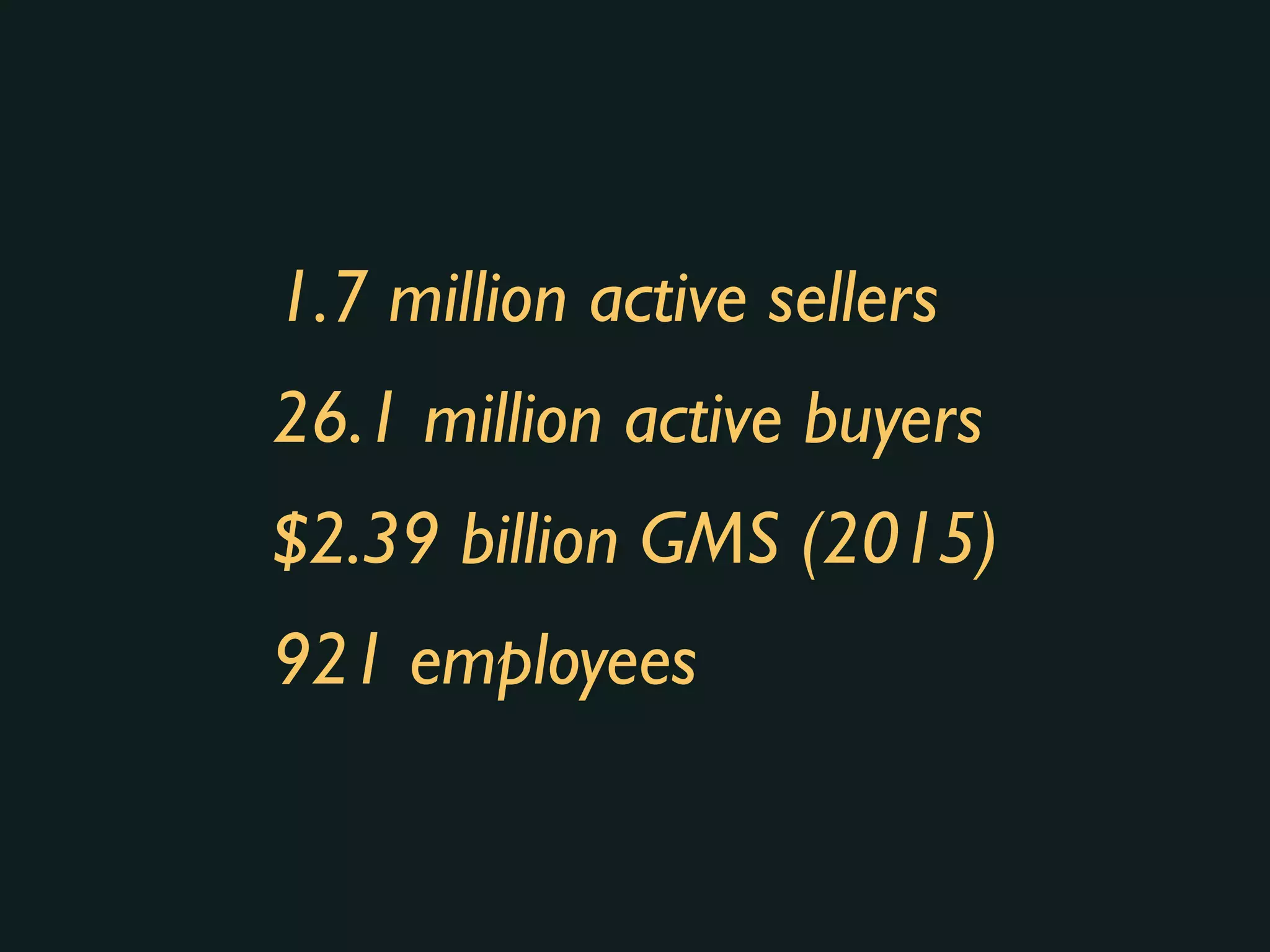 1.7 million active sellers
26.1 million active buyers
$2.39 billion GMS (2015)
921 employees
 