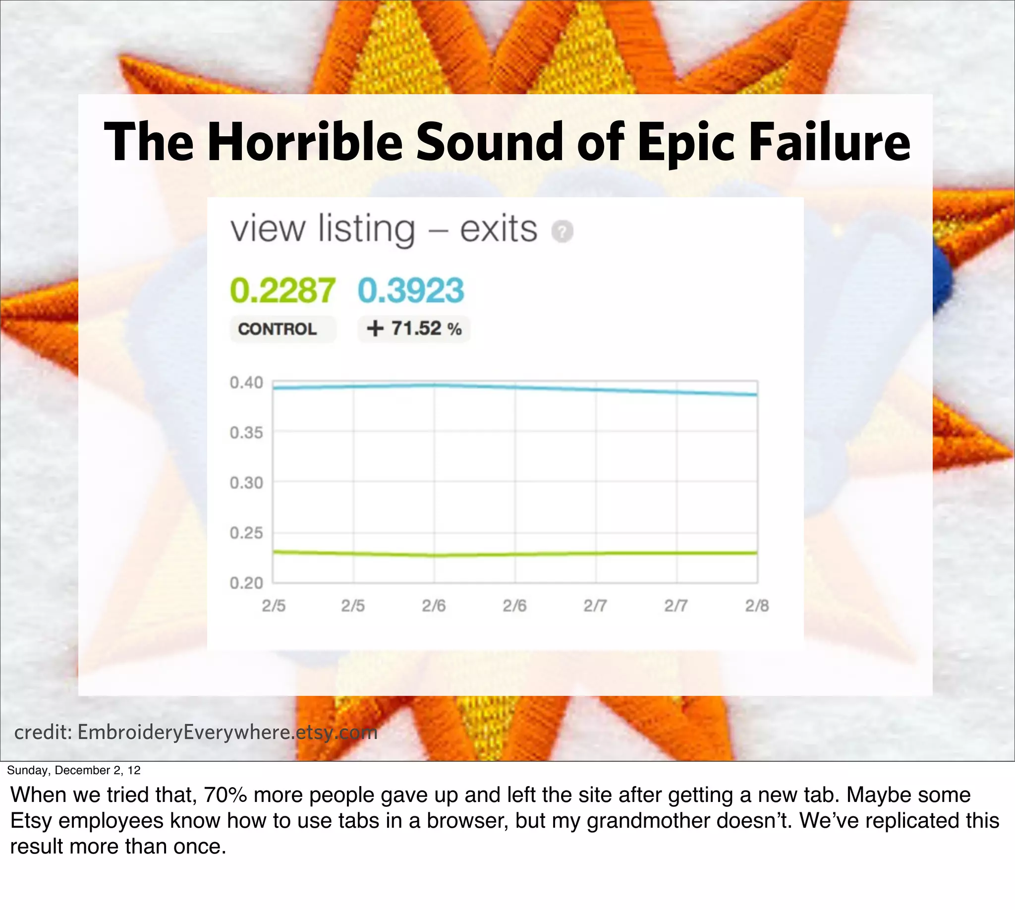 The Horrible Sound of Epic Failure




 credit: EmbroideryEverywhere.etsy.com
Sunday, December 2, 12

When we tried that, 70% more people gave up and left the site after getting a new tab. Maybe some
Etsy employees know how to use tabs in a browser, but my grandmother doesn’t. We’ve replicated this
result more than once.
 