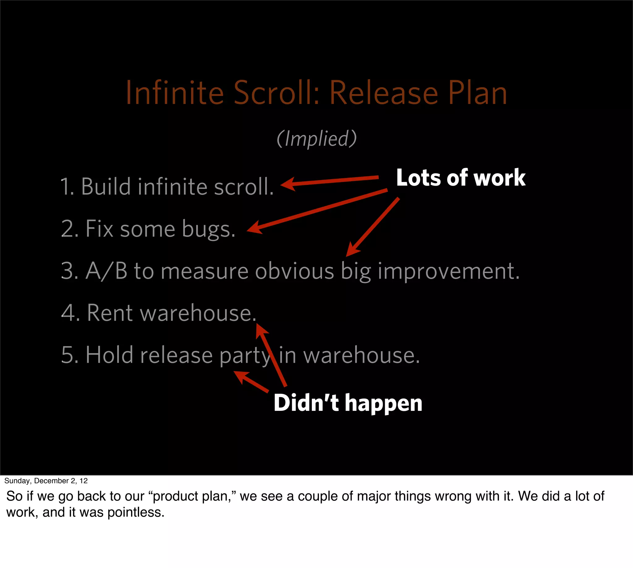 Inﬁnite Scroll: Release Plan
                                             (Implied)

              1. Build inﬁnite scroll.                            Lots of work

              2. Fix some bugs.
              3. A/B to measure obvious big improvement.
              4. Rent warehouse.
              5. Hold release party in warehouse.
                                             Didn’t happen

Sunday, December 2, 12

So if we go back to our “product plan,” we see a couple of major things wrong with it. We did a lot of
work, and it was pointless.
 