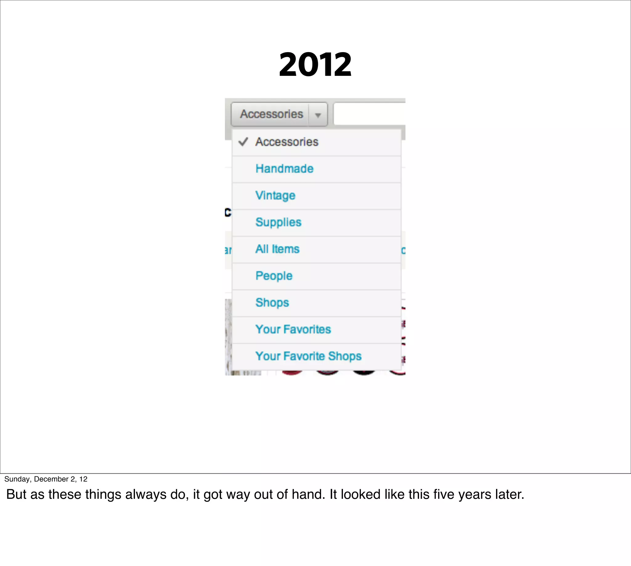 2012




Sunday, December 2, 12

But as these things always do, it got way out of hand. It looked like this ﬁve years later.
 