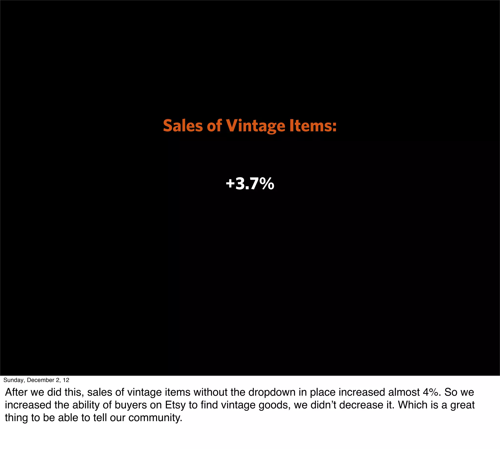 Sales of Vintage Items:


                                               +3.7%




Sunday, December 2, 12

After we did this, sales of vintage items without the dropdown in place increased almost 4%. So we
increased the ability of buyers on Etsy to ﬁnd vintage goods, we didn’t decrease it. Which is a great
thing to be able to tell our community.
 