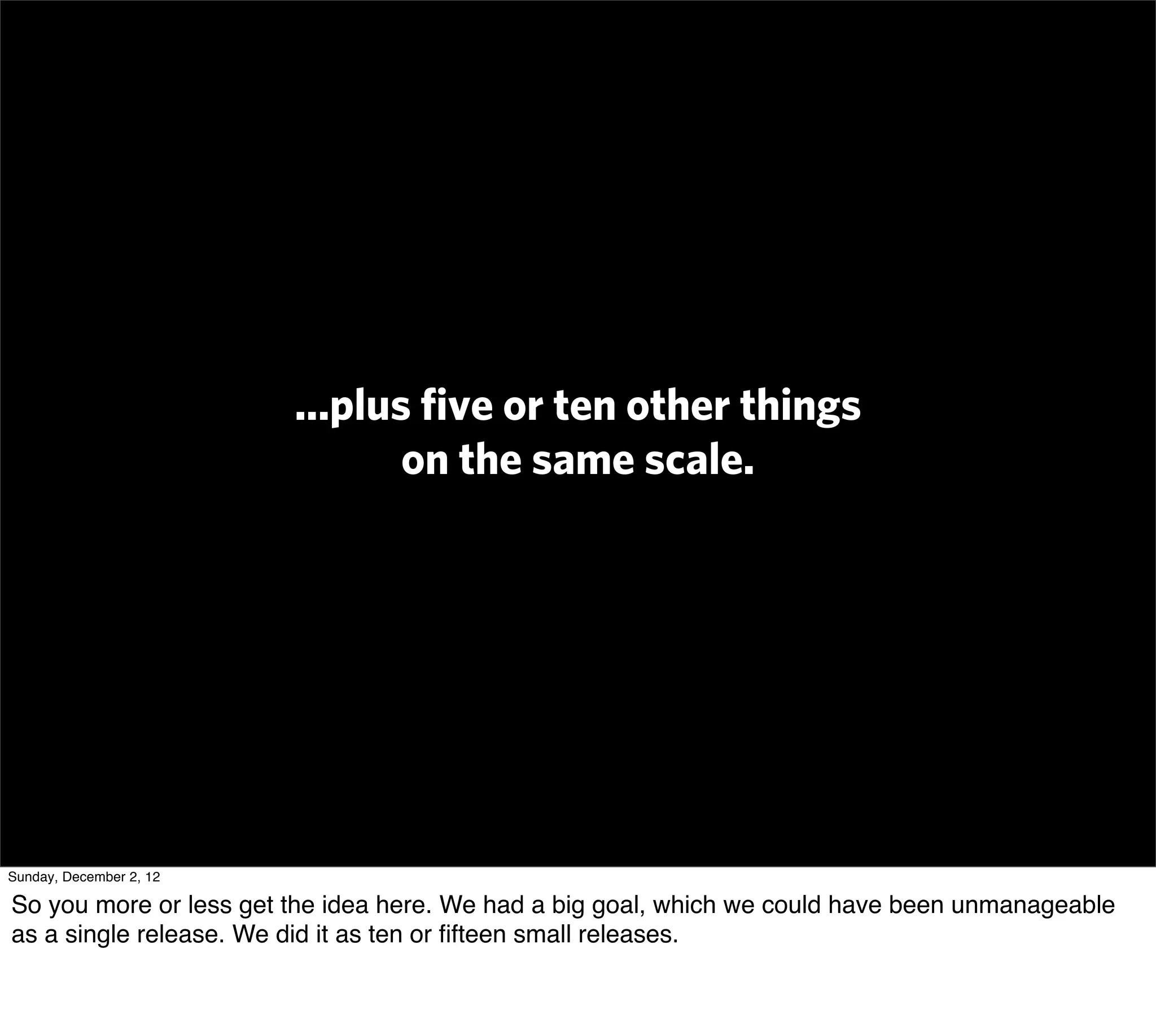 ...plus ﬁve or ten other things
                                on the same scale.




Sunday, December 2, 12

So you more or less get the idea here. We had a big goal, which we could have been unmanageable
as a single release. We did it as ten or ﬁfteen small releases.
 