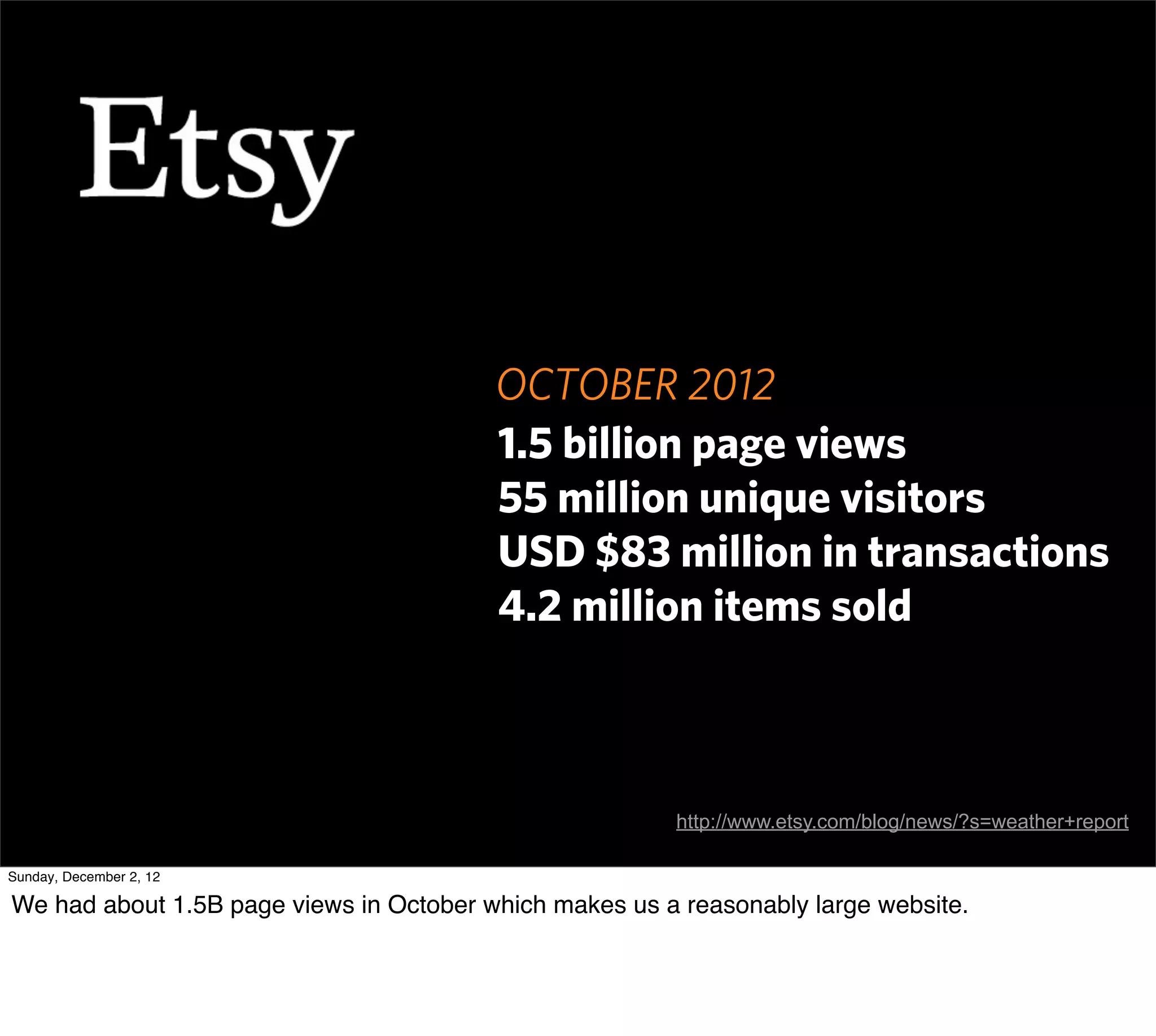 OCTOBER 2012
                                         1.5 billion page views
                                         55 million unique visitors
                                         USD $83 million in transactions
                                         4.2 million items sold



                                                        http://www.etsy.com/blog/news/?s=weather+report

Sunday, December 2, 12

We had about 1.5B page views in October which makes us a reasonably large website.
 