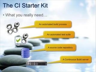 The CI Starter Kit
• What you really need…
An automated build process
An automated test suite
A Continuous Build server
A source code repository
 