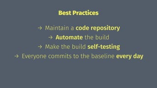 Best Practices
→ Maintain a code repository
→ Automate the build
→ Make the build self-testing
→ Everyone commits to the baseline every day
 