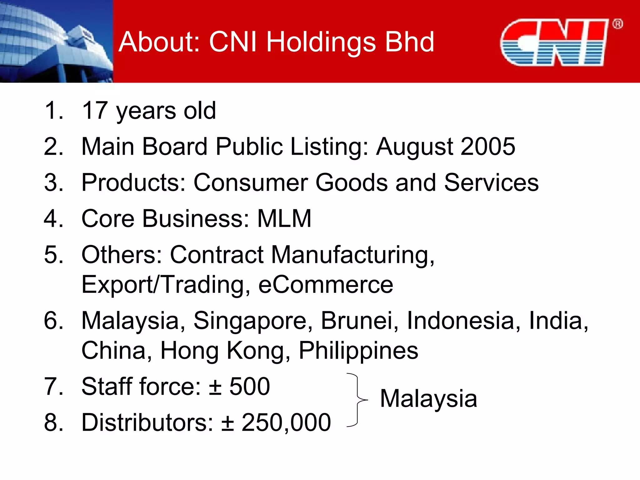About: CNI Holdings Bhd 17 years old Main Board Public Listing: August 2005 Products: Consumer Goods and Services Core Business: MLM Others: Contract Manufacturing, Export/Trading, eCommerce Malaysia, Singapore, Brunei, Indonesia, India, China, Hong Kong, Philippines Staff force:  ± 500 Distributors: ± 250,000  Malaysia 