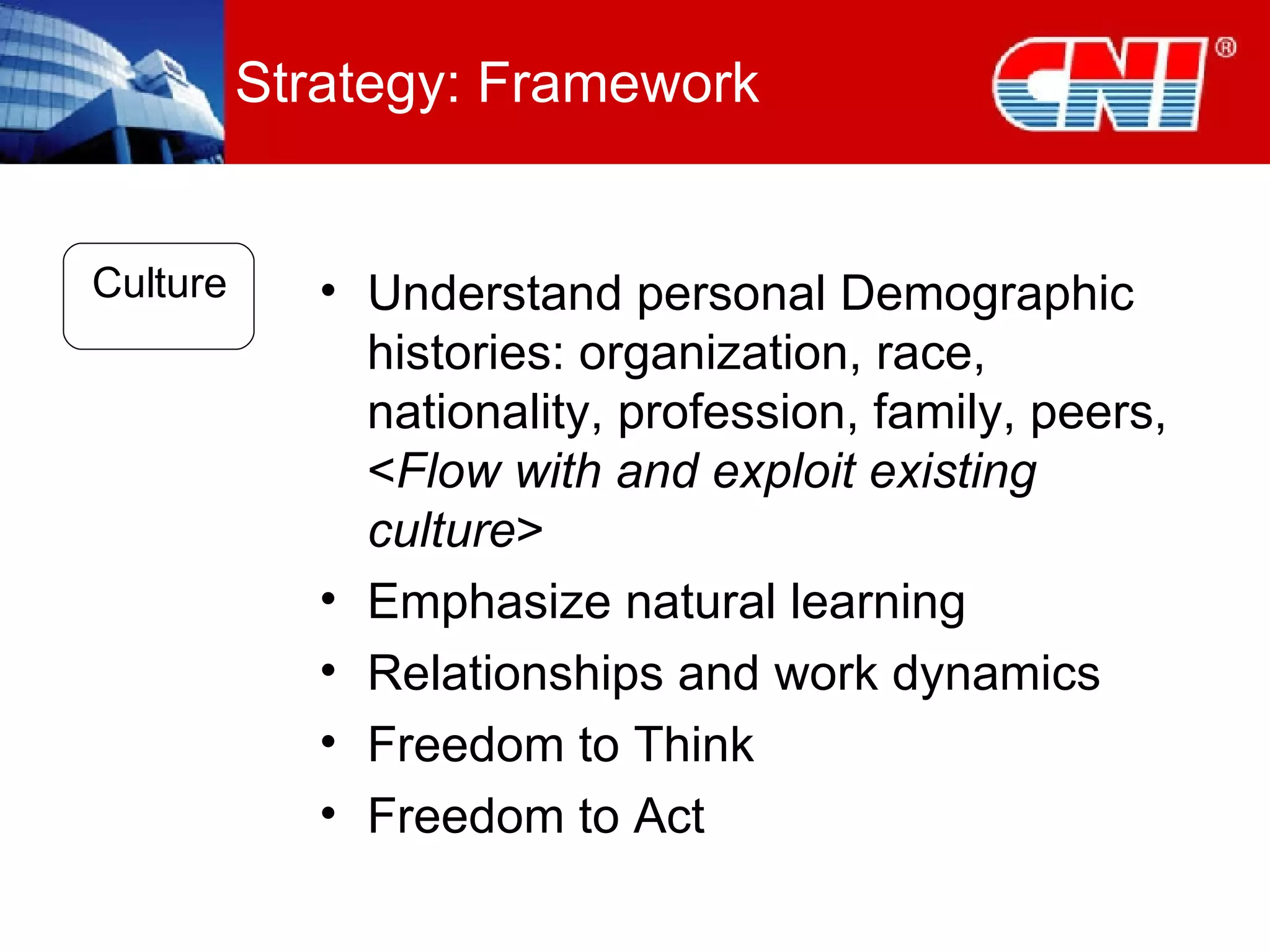 Strategy: Framework Understand personal Demographic histories: organization, race, nationality, profession, family, peers, < Flow with and exploit existing culture > Emphasize natural learning Relationships and work dynamics Freedom to Think Freedom to Act Culture 