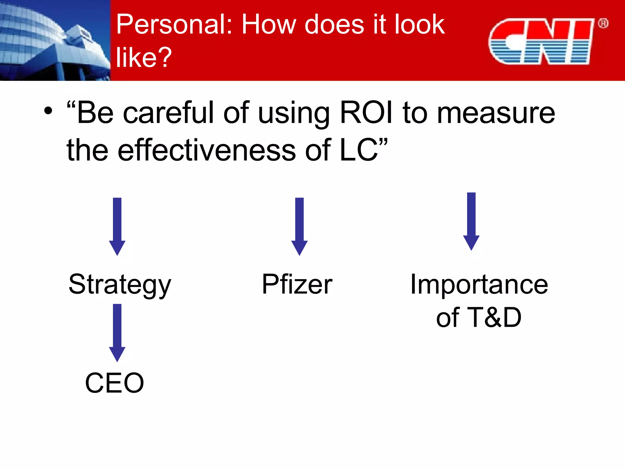 Personal: How does it look like? “ Be careful of using ROI to measure the effectiveness of LC” Strategy CEO Pfizer Importance of T&D 