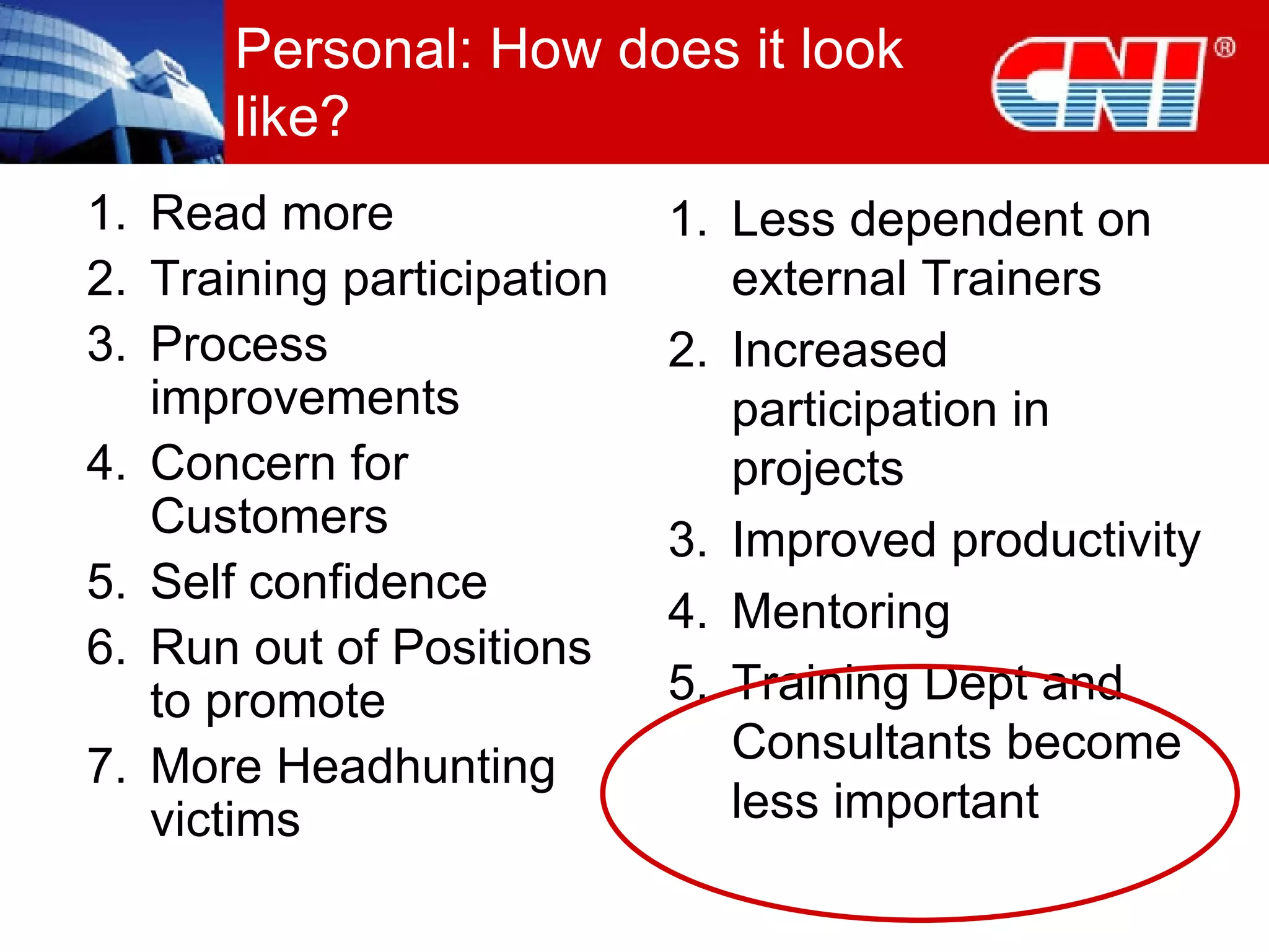 Personal: How does it look like? Read more Training participation Process improvements Concern for Customers Self confidence Run out of Positions to promote More Headhunting victims Less dependent on external Trainers Increased participation in projects Improved productivity Mentoring Training Dept and Consultants become less important 