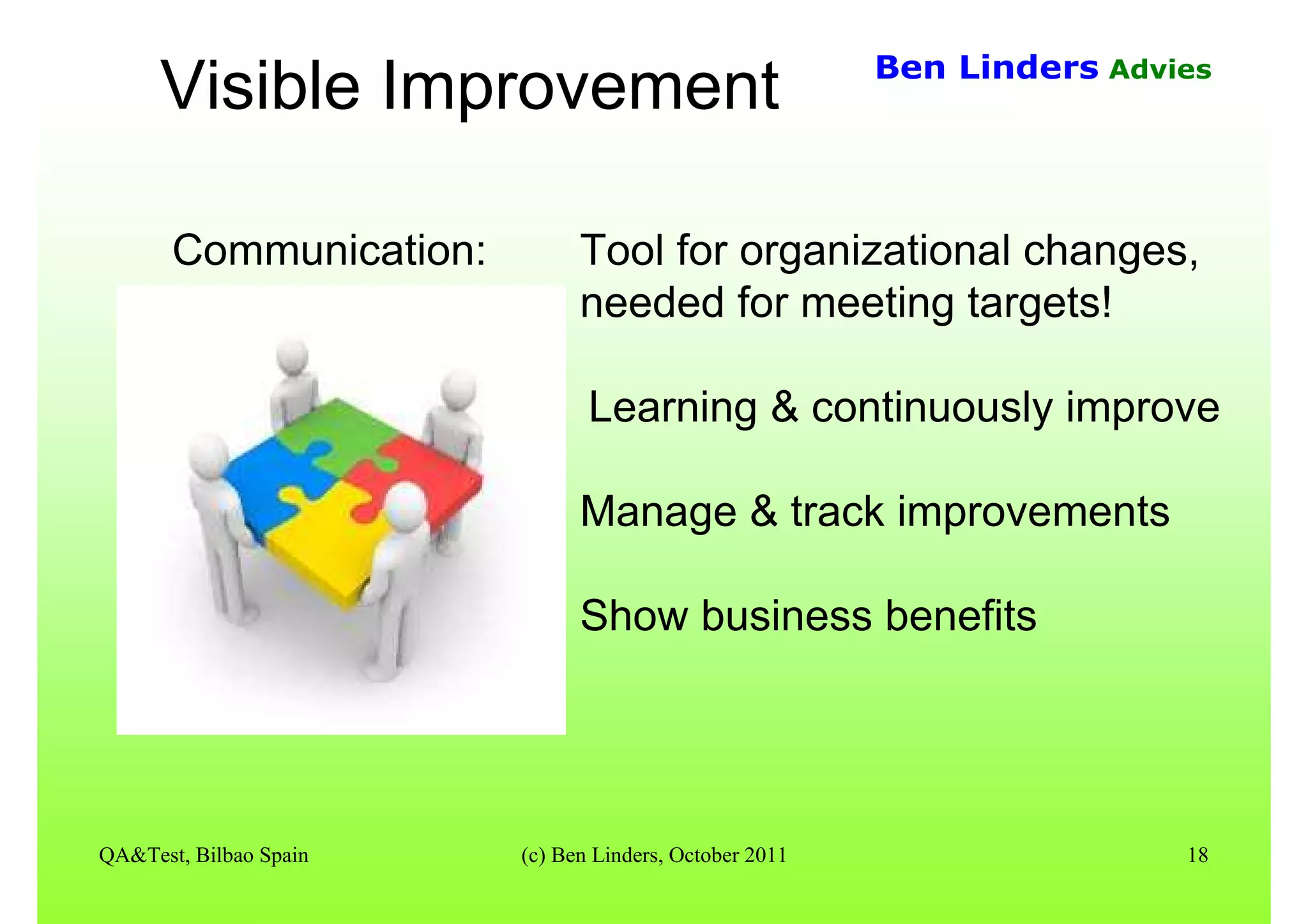 QA&Test, Bilbao Spain (c) Ben Linders, October 2011 18
Ben Linders Advies
Communication: Tool for organizational changes,
needed for meeting targets!
Learning & continuously improve
Manage & track improvements
Show business benefits
Visible Improvement
 