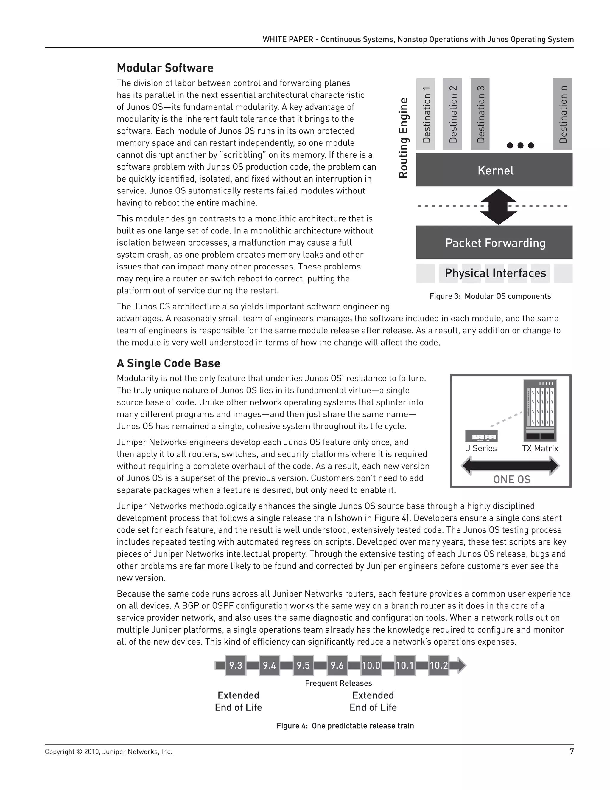 WHITE PAPER - Continuous Systems, Nonstop Operations with Junos Operating System


                      Modular Software
                      The division of labor between control and forwarding planes




                                                                                                                                                                                    Destination n
                                                                                                                      Destination 1

                                                                                                                                      Destination 2

                                                                                                                                                        Destination 3
                      has its parallel in the next essential architectural characteristic




                                                                                                     Routing Engine
                      of Junos OS—its fundamental modularity. A key advantage of
                      modularity is the inherent fault tolerance that it brings to the
                      software. Each module of Junos OS runs in its own protected
                      memory space and can restart independently, so one module
                      cannot disrupt another by “scribbling” on its memory. If there is a
                      software problem with Junos OS production code, the problem can
                                                                                                                                                           Kernel
                      be quickly identified, isolated, and fixed without an interruption in
                      service. Junos OS automatically restarts failed modules without
                      having to reboot the entire machine.
                      This modular design contrasts to a monolithic architecture that is
                      built as one large set of code. In a monolithic architecture without
                      isolation between processes, a malfunction may cause a full                                                     Packet Forwarding
                      system crash, as one problem creates memory leaks and other
                      issues that can impact many other processes. These problems
                      may require a router or switch reboot to correct, putting the                                                   Physical Interfaces
                      platform out of service during the restart.
                                                                                                                                Figure 3: Modular OS components
                      The Junos OS architecture also yields important software engineering
                      advantages. A reasonably small team of engineers manages the software included in each module, and the same
                      team of engineers is responsible for the same module release after release. As a result, any addition or change to
                      the module is very well understood in terms of how the change will affect the code.

                      A Single Code Base
                      Modularity is not the only feature that underlies Junos OS’ resistance to failure.
                      The truly unique nature of Junos OS lies in its fundamental virtue—a single
                      source base of code. Unlike other network operating systems that splinter into
                      many different programs and images—and then just share the same name—
                      Junos OS has remained a single, cohesive system throughout its life cycle.
                      Juniper Networks engineers develop each Junos OS feature only once, and
                                                                                                                                                      J Series              TX Matrix
                      then apply it to all routers, switches, and security platforms where it is required
                      without requiring a complete overhaul of the code. As a result, each new version
                      of Junos OS is a superset of the previous version. Customers don’t need to add                                                                    ONE OS
                      separate packages when a feature is desired, but only need to enable it.
                      Juniper Networks methodologically enhances the single Junos OS source base through a highly disciplined
                      development process that follows a single release train (shown in Figure 4). Developers ensure a single consistent
                      code set for each feature, and the result is well understood, extensively tested code. The Junos OS testing process
                      includes repeated testing with automated regression scripts. Developed over many years, these test scripts are key
                      pieces of Juniper Networks intellectual property. Through the extensive testing of each Junos OS release, bugs and
                      other problems are far more likely to be found and corrected by Juniper engineers before customers ever see the
                      new version.
                      Because the same code runs across all Juniper Networks routers, each feature provides a common user experience
                      on all devices. A BGP or OSPF configuration works the same way on a branch router as it does in the core of a
                      service provider network, and also uses the same diagnostic and configuration tools. When a network rolls out on
                      multiple Juniper platforms, a single operations team already has the knowledge required to configure and monitor
                      all of the new devices. This kind of efficiency can significantly reduce a network’s operations expenses.

                                                   9.3        9.4        9.5       9.6      10.0     10.1                      10.2
                                                                            Frequent Releases
                                                Extended                                 Extended
                                                End of Life                              End of Life
                                                                    Figure 4: One predictable release train


Copyright © 2010, Juniper Networks, Inc.                                                                                                                                                            7
 