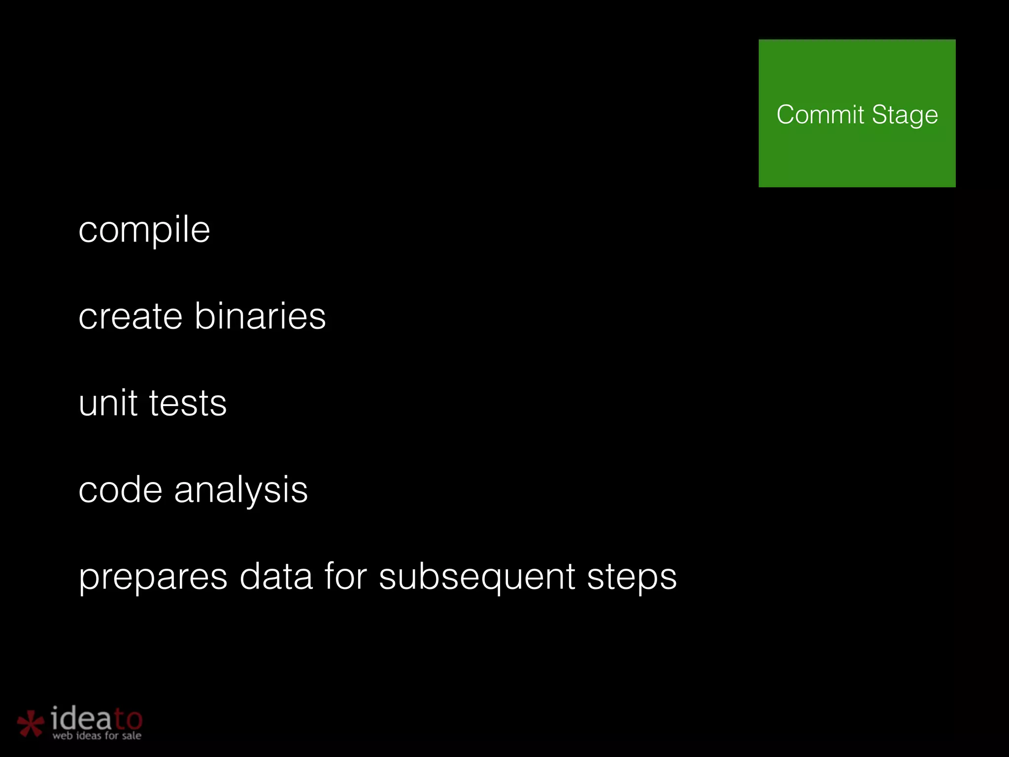 compile create binaries unit tests code analysis prepares data for subsequent steps Commit Stage 