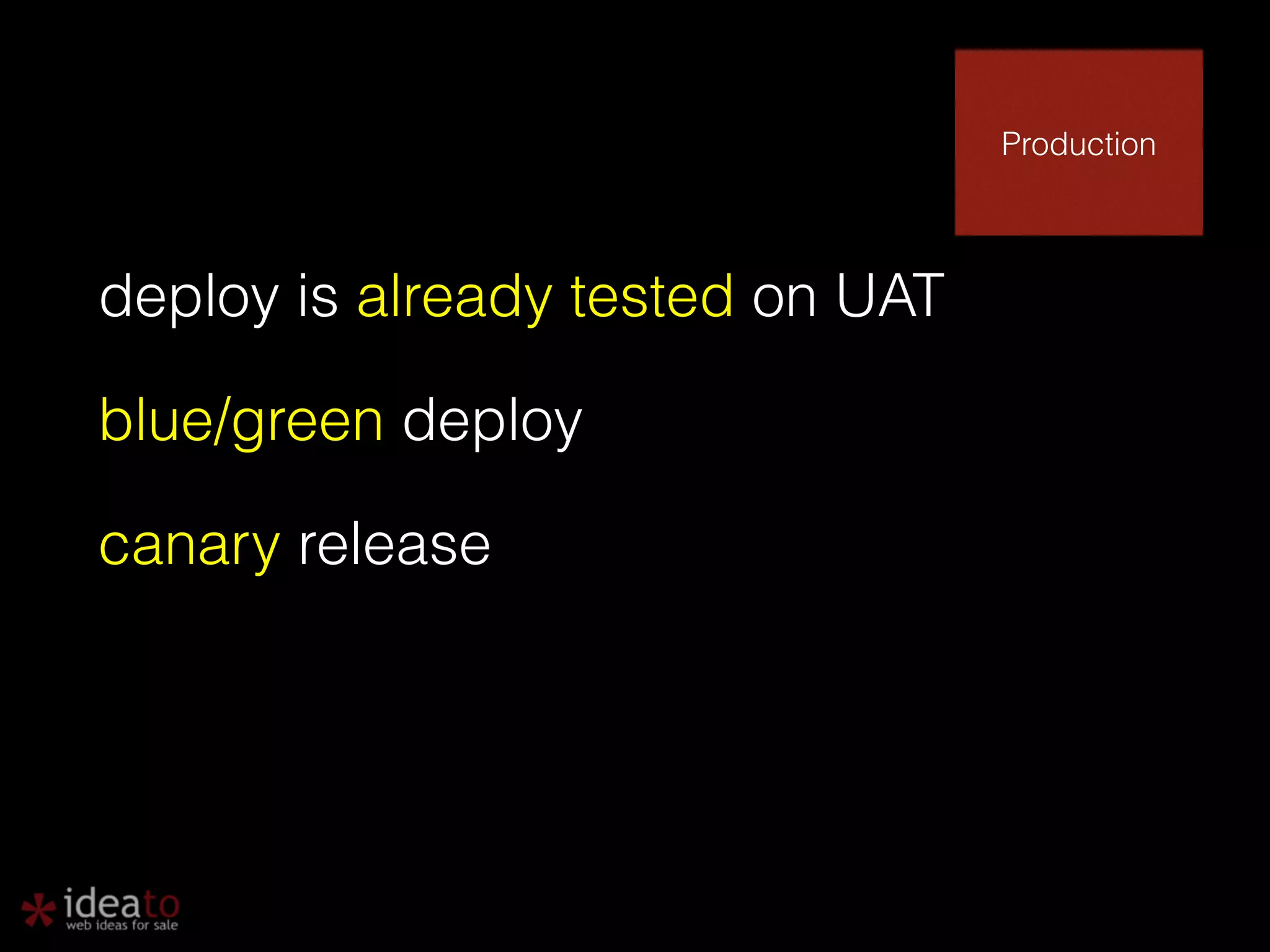 deploy is already tested on UAT blue/green deploy canary release Production 
