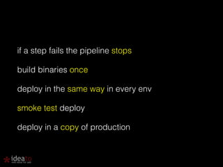 if a step fails the pipeline stops 
build binaries once 
deploy in the same way in every env 
smoke test deploy 
deploy in a copy of production 
 